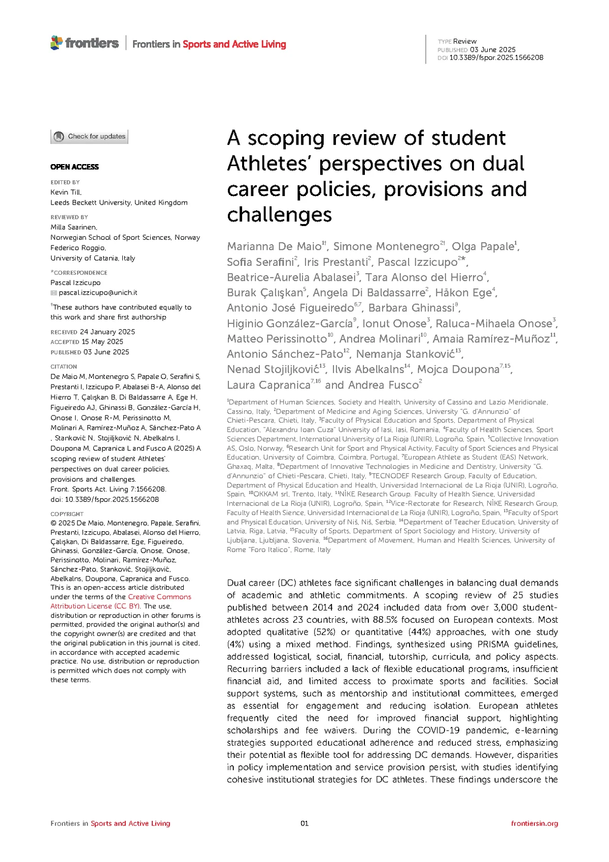 First page of the Frontiers scoping review of student-athletes’ dual career experiences.