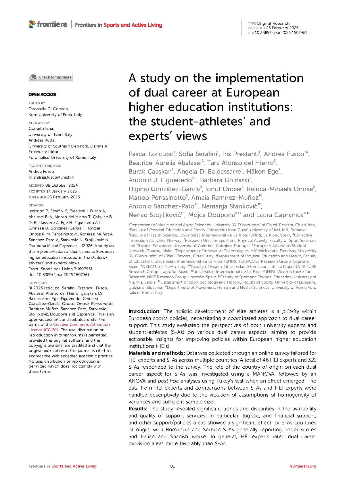 First page of the Frontiers study on dual career support at European higher education institutions.