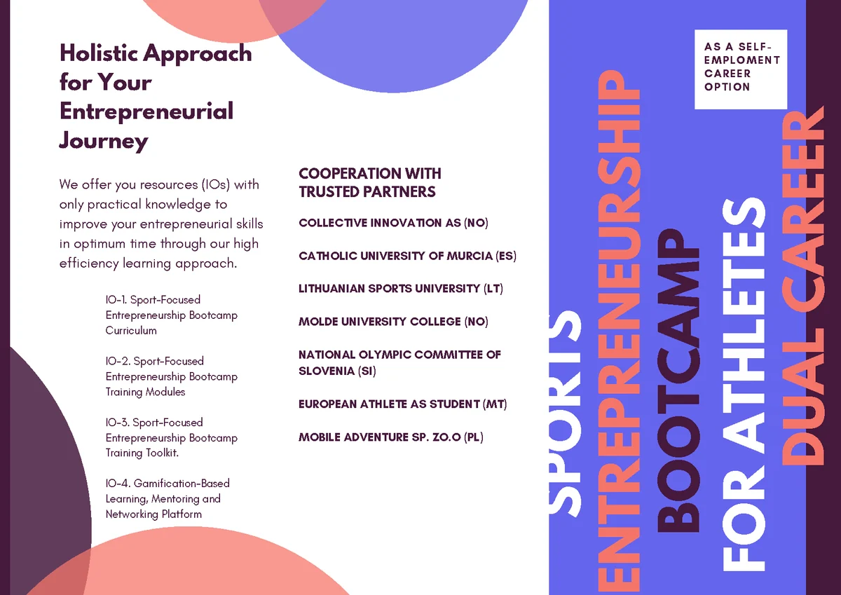 Outside spread of the three-panel ELCAMP brochure on entrepreneurship and dual career for athletes.