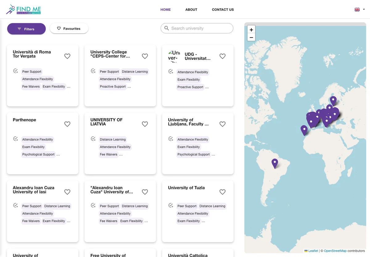 University dual career support listings and map in the FIND ME platform.