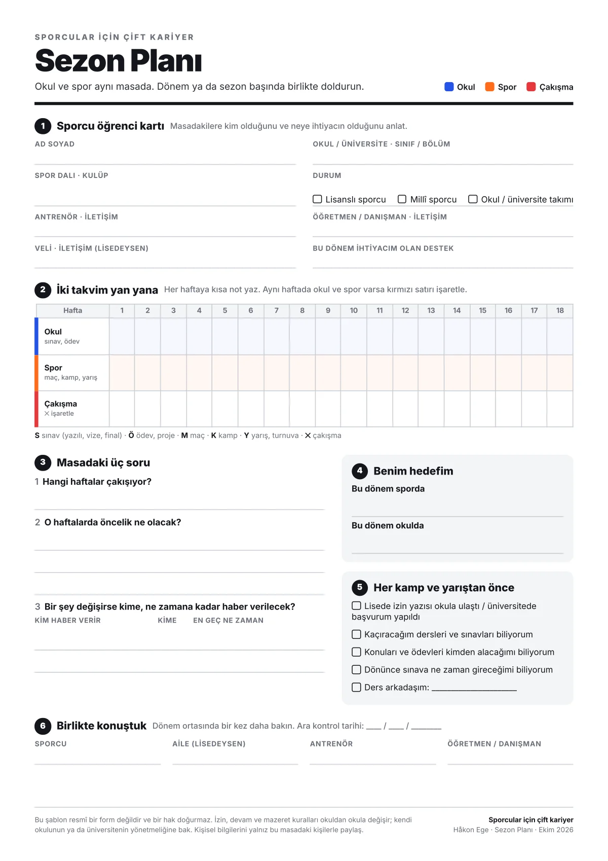 A blank season planning worksheet for sport, education and life goals.