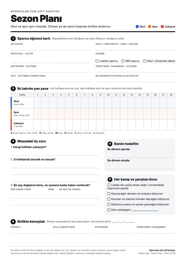 A blank season planning worksheet for sport, education and life goals.